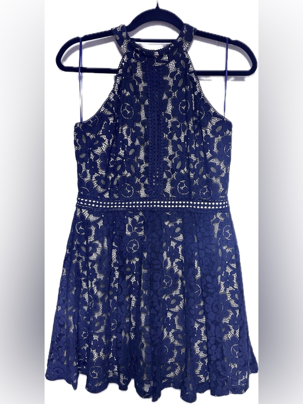 Anthropologie Blu Pepper Navy Lace Halter Skater Dress - Picture 4 of 5